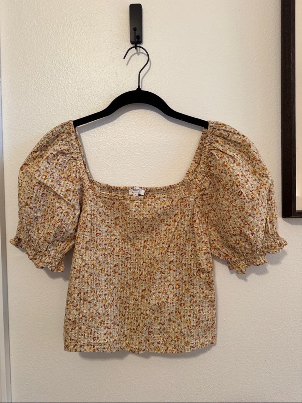 Madewell Smocked Square-Neck Floral Puff Sleeve Top - Cream/Golden/Rust